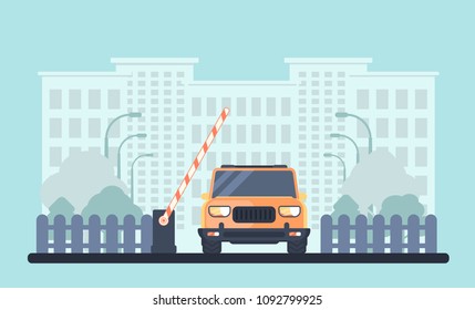 Entry through the barrier which is raised to pass the car. Road up barrier. Checkpoint to residential area. Vector illustration. City on background.