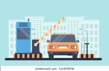 Entry through the barrier which is raised to pass the car. Automobile back view. Toll gate with reception booth. Checkpoint to residential area. Vector illustration. City on background.