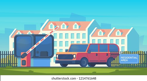 Entry through the barrier which is raised to pass the car. Toll gate with reception booth. Checkpoint to residential area. Vector flat illustration.