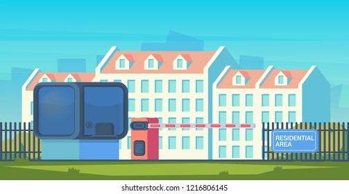 Entry through the barrier which is raised to pass the car. Toll gate with reception booth. Checkpoint to residential area. Vector flat illustration.