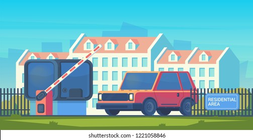 Entry through the barrier which is raised to pass the car. Toll gate with reception booth. Checkpoint to residential area. Vector flat illustration.