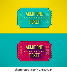 Entry ticket in modern flat design with long shadow. Admit one cinema, theater, zoo, festival, carnival, concert, circus event. Pass icon for online tickets booking. Vector illustration