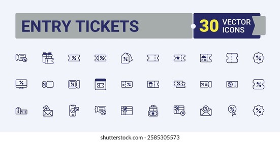 Entry Tickets icon set. Featuring business, concert, star, win, seat, entrance, offer and more. Minimal linear icons. Vector outline and solid icons collection.