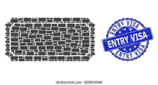 Entry Visa corroded round stamp seal and vector recursion mosaic ticket template. Blue seal includes Entry Visa tag inside round shape. Vector collage is formed of randomized ticket template icons.