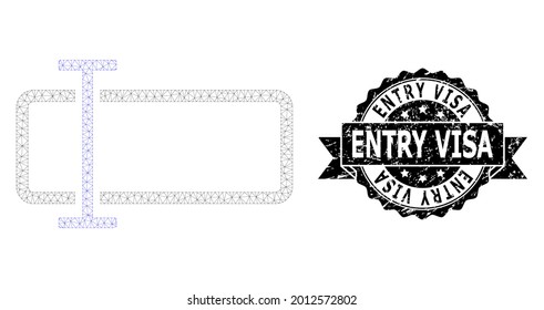 Entry Visa grunge stamp seal and vector text field mesh model. Black seal has Entry Visa caption inside ribbon and rosette. Abstract flat mesh text field, built from flat mesh.