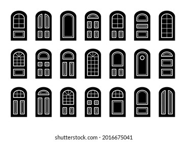 Entry wooden arch doors. Interior and exterior architecture elements. Front and back doors. Flat icon collection. Isolated objects on white background