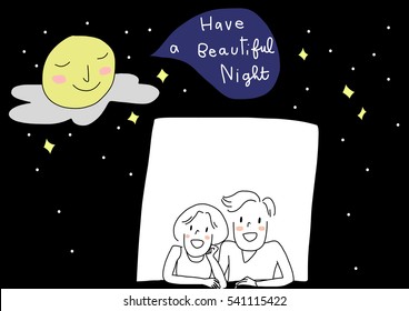 Entwined couple lean out of the window and happily look up at the starry sky and sleeping full moon. Have a beautiful night. Vector illustration.