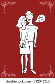 Entwined couple standing besides each other. Couple in love standing together. Vector illustration with doodle style with decorative ribbon frame.