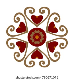 Entwined hearts harmony simplicity concept. Floral rosemaling medallion on a white background. Geometric element for design. Vector illustration. Decorative printing block.