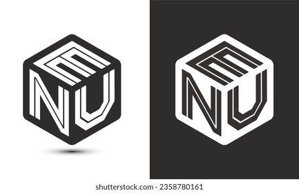 Diseño del logotipo de letras ENU con el logotipo del cubo ilustrador, logotipo vectorial estilo moderno de superposición de tipos de letra del alfabeto. Icono del logotipo de Premium Business. Color blanco sobre fondo negro