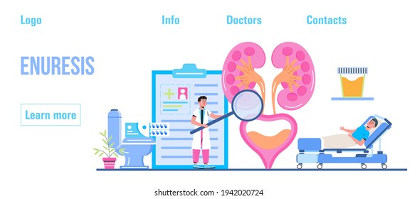 Enuresis concept vector. Cystitis illustration for medical website. Urologist, nephritis symbol Tiny doctor treat kidneys. Pyelonephritis and kidney stones diseases.