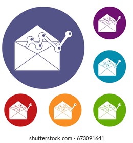 Envellope with graph icons set in flat circle reb, blue and green color for web