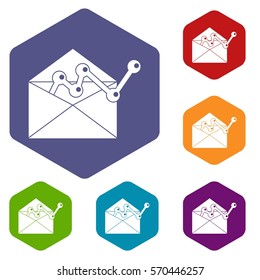 Envellope with graph icons set rhombus in different colors isolated on white background