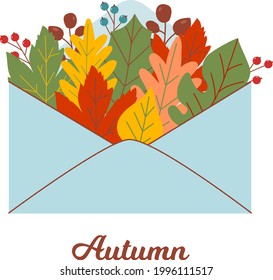Envelop with colorfull autumn leaves and Autumn inscription. Vector illustration in flat style. 