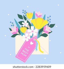 Envelop with Flowers. Happy Mother's Day. Cute card and poster template for the spring holiday. Vector illustration in flat style