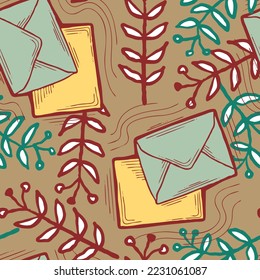Envelop letter and plant. Romantic seamless vector pattern design for background, digital paper, wallpaper, textile print, fabric texture. Hand drawn elegant illustration. Retro communication style.