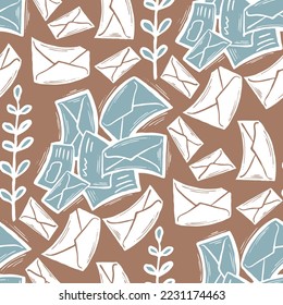 Envelop letter and plant. Romantic seamless vector pattern design for background, digital paper, wallpaper, textile print, fabric texture. Hand drawn elegant illustration. Retro communication style.