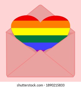 Umhüllung, E-Mail-Symbol lgbt, regenbogenfarbenes Herz, Konzept. Flache Vektorgrafik 