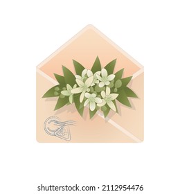 Envelop with orange flowers and stamps, vector flat illustration