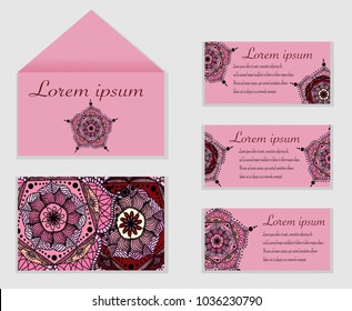 Envelop, visit card template set with mandala ornament. Vector pink card design. Front page and back page. Ottoman, arabic, oriental, turkish, indian, pakistan motif.