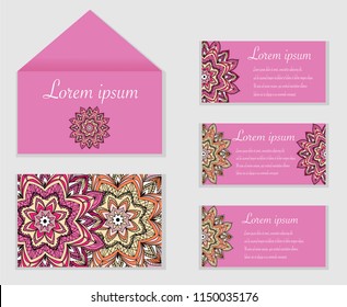 Envelop, visit card template set with mandala ornament. Vector pink card design. Front page and back page. Ottoman, arabic, oriental, turkish, indian, pakistan motif.