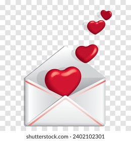 Envelope with 3d red hearts. Valentine’s Day vector illustration