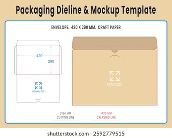 Envelope 420 x 290 mm. Craft Paper. Dieline Real Shape and Dimension. Mockup Template. Equipped die cut lengths prepared for production.