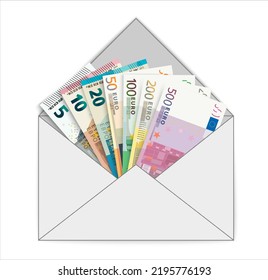 Envelope with 5, 10, 20, 50, 100, 200 and 500 Euro banknotes on white background