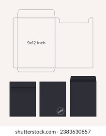 The envelope 9x12 Inch size die cut template. Vector black isolated circuit envelope with mockups. International standard size