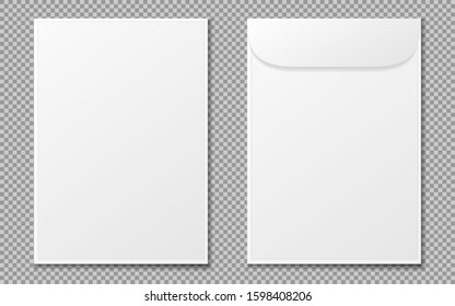 Envelope a4. Paper white blank letter envelopes for vertical document. Vector mockup isolated on transparent background. Envelope office mockup, paper letter mail illustration. EPS 10