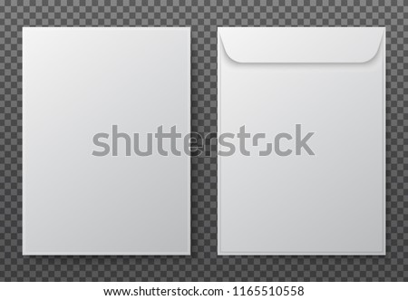 Envelope a4. Paper white blank letter envelopes for vertical document. Vector mockup isolated on transparent background. Envelope office mockup, paper letter mail illustration