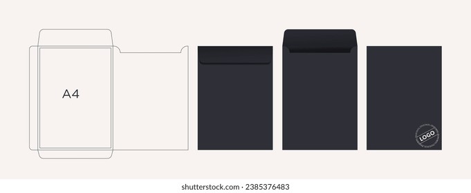 The envelope A4 size die cut template. Vector black isolated circuit envelope with mockups. International standard size