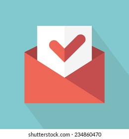 Envelope with accept sign. Check message icon. Vector illustration. Flat style with long shadow 