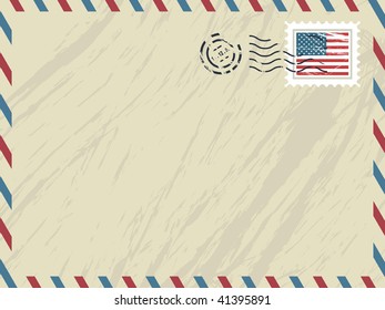 Envelope With Airmail Stripes, Post Mark And American Stamp