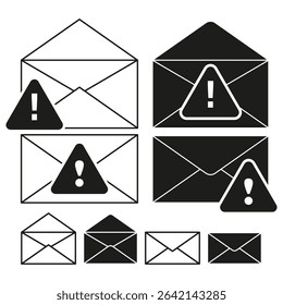 Envelope alert icons. Warning mail symbols. Exclamation message shapes. Vector letter forms.