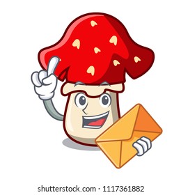 With envelope amanita mushroom character cartoon