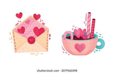 Envelope with Amour Letter and Mug with Hot Chocolate Treat as Saint Valentine Day Symbol Vector Set