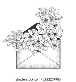 Umschlag mit Apfelblumen. Schwarz auf Weiß, Vektorgrafik, linear
