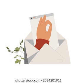 Envelope With Approval Gesture And Web Document In Flat Vector Illustration Symbolizing Email Confirmation, Digital Communication, And Online Approval, Isolated On White Background.