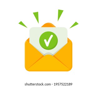 Envelope with approved document. Email confirmation. Document with check mark in open letter. Accepted message. Vector illustration in flat design.