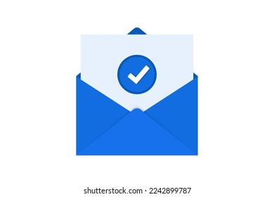 Envelope with approved letter. Opened envelope and document with blue tick icon. Confirmation email. Vector illustration