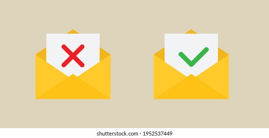 envelope  with approved and rejected letters. Envelopes  with  Green check mark and red X mark icons.  yes, no icon