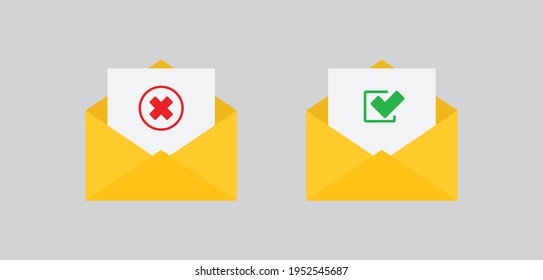 envelope  with approved and rejected letters. Envelopes  with  Green check mark and red X mark icons.  yes, no icon