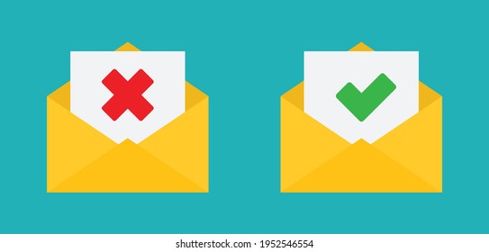 envelope  with approved and rejected letters. Envelopes  with  Green check mark and red X mark icons.  yes, no icon