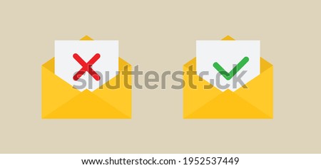 envelope  with approved and rejected letters. Envelopes  with  Green check mark and red X mark icons.  yes, no icon