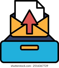 An envelope with a arrow pointing up is sitting in a file cabinet
