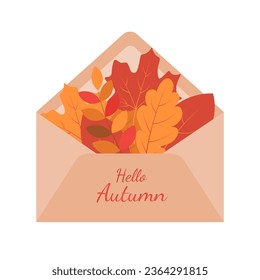 Envelope with autumn leaves. Flat vector illustration on white background.