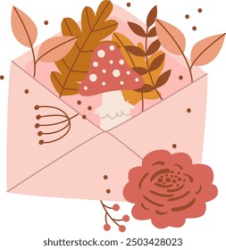 Envelope With Autumn Leaves And Mushroom Vector Illustration