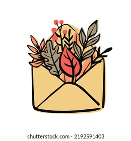 Envelope with autumn leaves and twigs inside. Hand drawn vector illustration for stickers, icons, postcards.