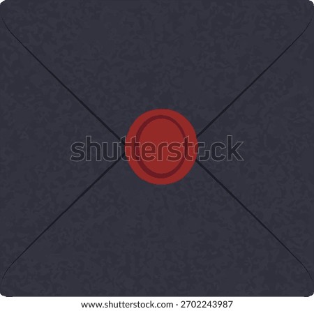Envelope back with crossed flaps and round wax seal in flat line art. Mail cover shows folded seams and raised emblem in clean vector shading. Cartoon vector illustration